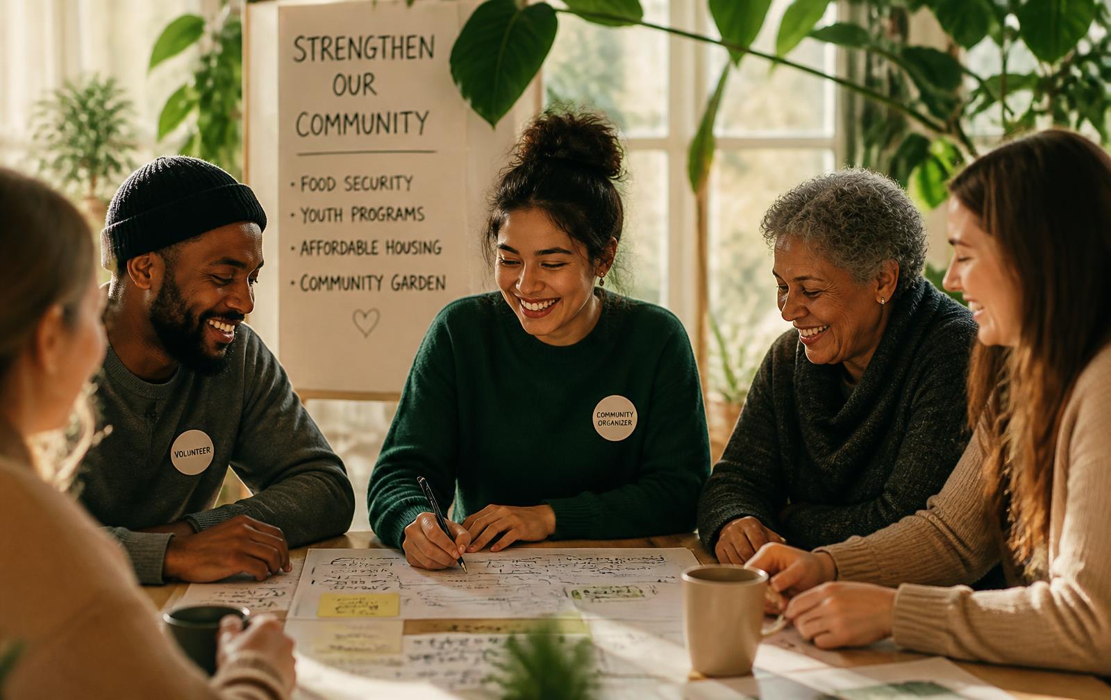 Community organizers collaborating around a table in a sunlit room